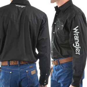 Wrangler Mens Rodeo Logo LS shirt- BLACK - Stylish Outback Clothing