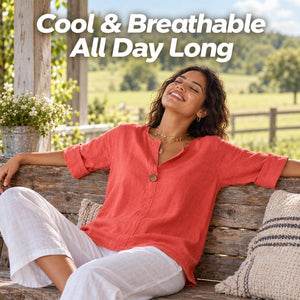 Outback Style Womens Cool Cotton, Open neck, Mid-Sleeve Top RED