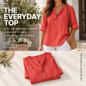 Outback Style Womens Cool Cotton, Open neck, Mid-Sleeve Top RED