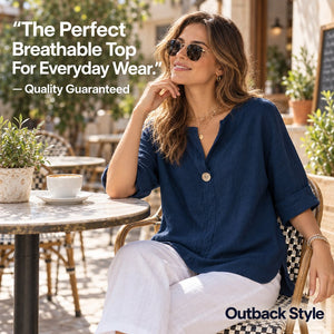 Outback Style Womens Cool Cotton, Open neck, Mid-Sleeve Top NAVY