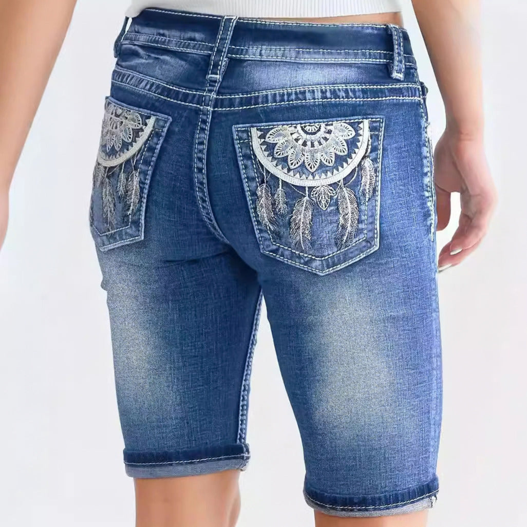 Outback Style Dreamcatcher Mid Length Stretch Denim Shorts