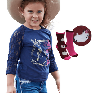Pure Western Girls Dixie Mid-Sleeve Top + FREE Farmyard socks