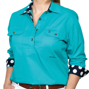 Just Country Womens Jahna Trim Half-Button LS Shirt-TURQUOISE - Stylish Outback Clothing