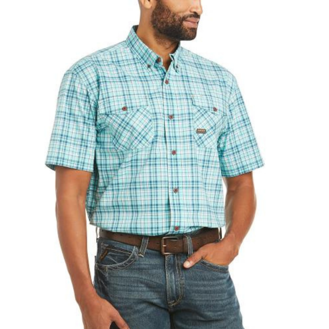 Ariat Mens Rebar Durastretch SS Shirt- TURQUOISE CHECK - Stylish Outback Clothing