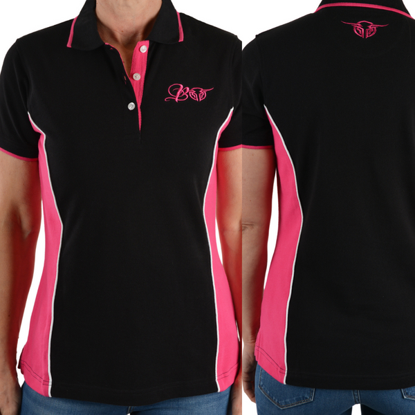 Bullzye Womens Arizona spliced Polo- BLACK-PINK - Stylish Outback Clothing